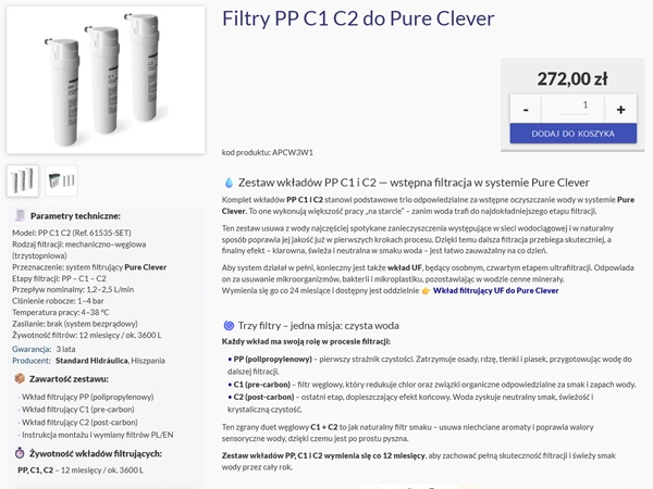 Zestaw wkładów filtrujących PP C1 C2 do filtra wody Pure Clever