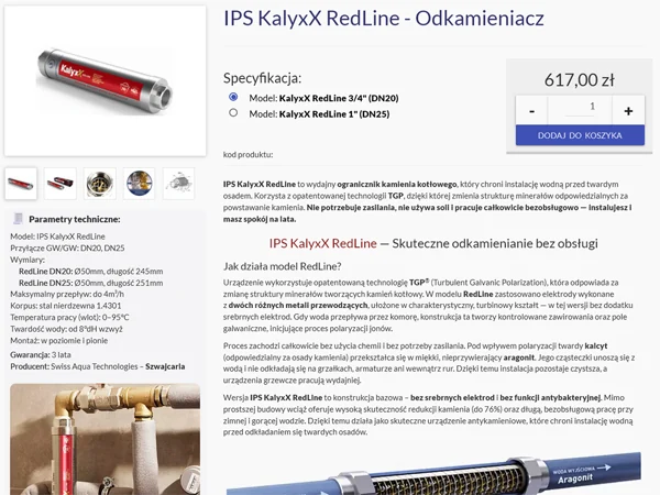 Odkamieniacz wody IPS KalyxX RedLine - opatentowana technologia TGP
