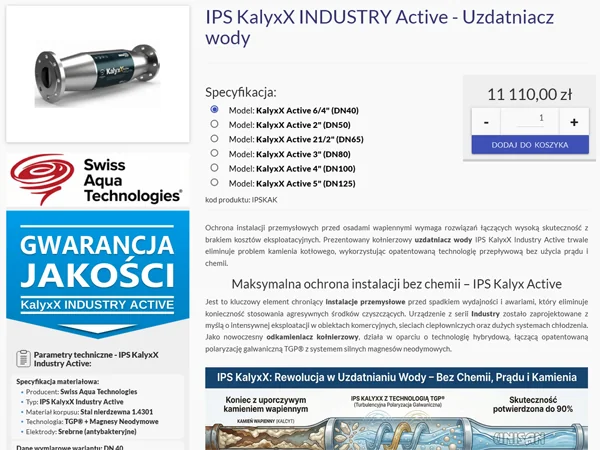 Uzdatniacz i odkamieniacz wody, kołnierzowy, IPS KalyxX Industry Active
