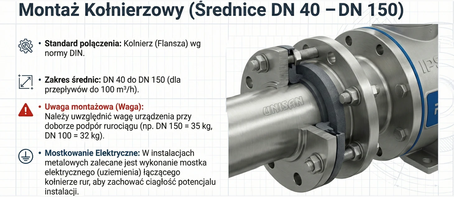 Uwagi montażowe i zakresy średnic kołnierzowego uzdatniacza wody